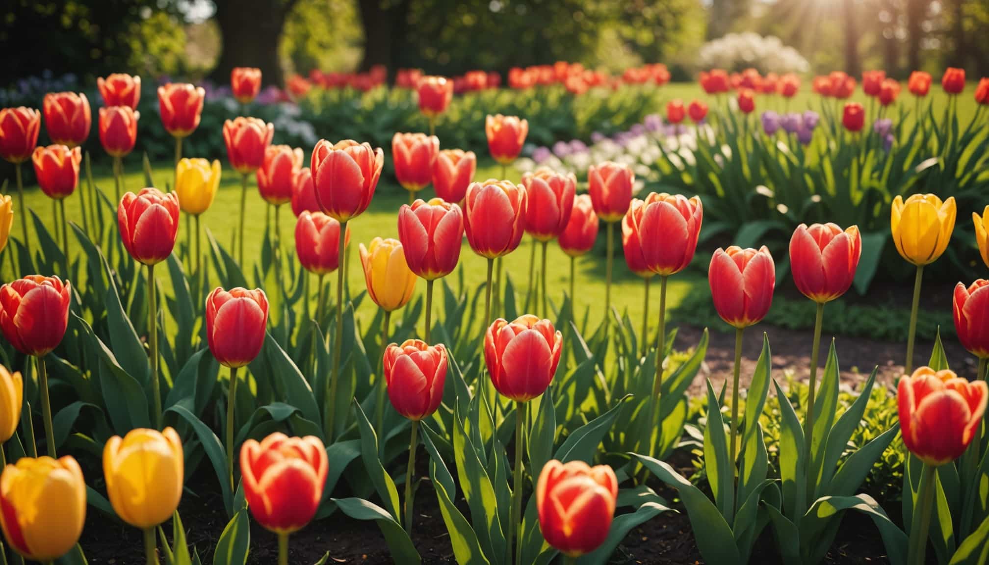 Bulbes de tulipes prêts à être plantés au jardin  
Jardin préparé pour la plantation de tulipes au printemps