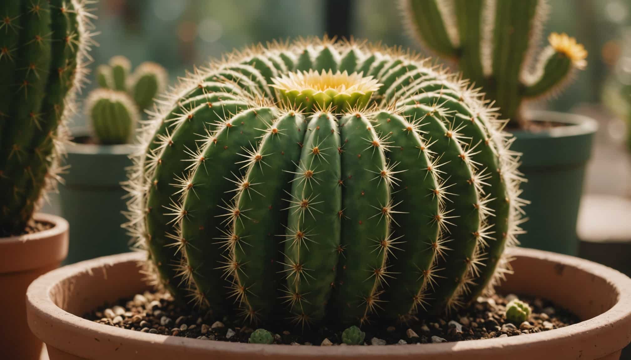 Cactus desséché avec feuilles flétries et jaunies  
Cactus en souffrance dont les épines se ratatinent