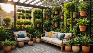 Terrasse verdoyante avec plantes bien agencées