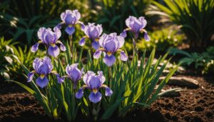 Fleurs d'iris colorées dans un jardin en pleine floraison