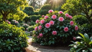 Un camélia en fleurs dans un jardin bien entretenu