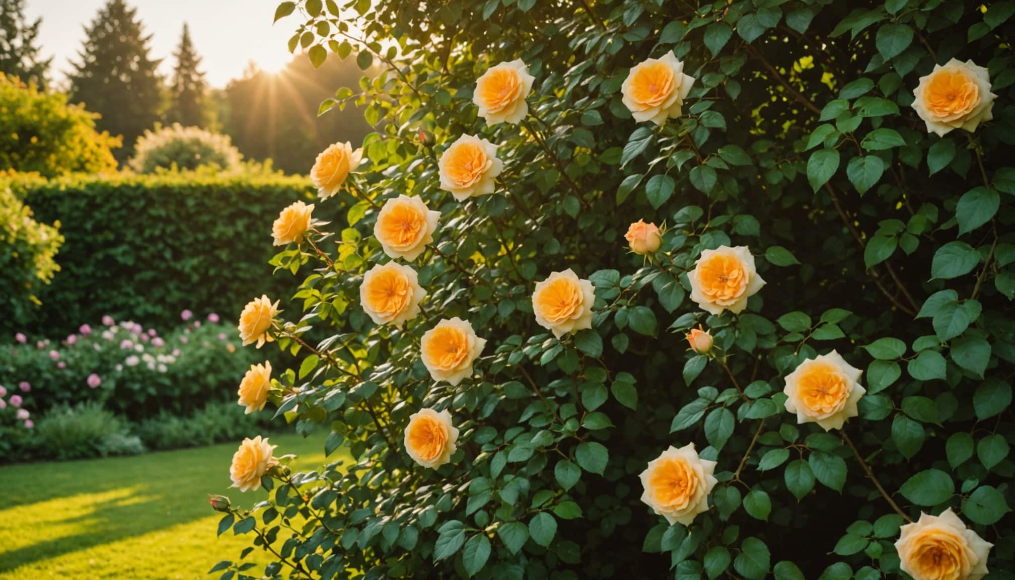 rosier grimpant s'élevant le long d'un mur fleuri