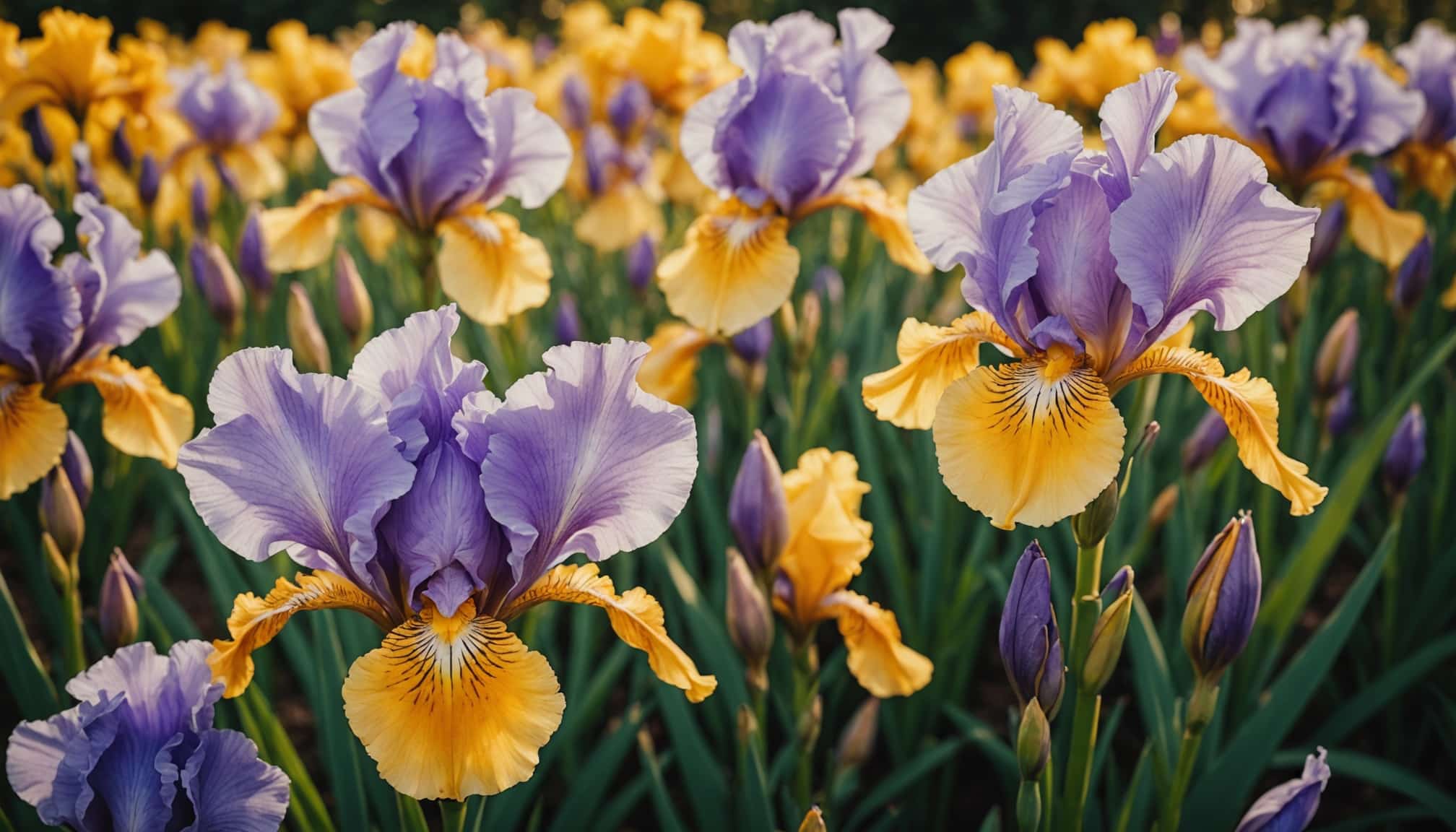 Fleurs d'iris colorées dans un jardin en pleine floraison  
Plantes d'iris épanouies sous un ciel ensoleillé