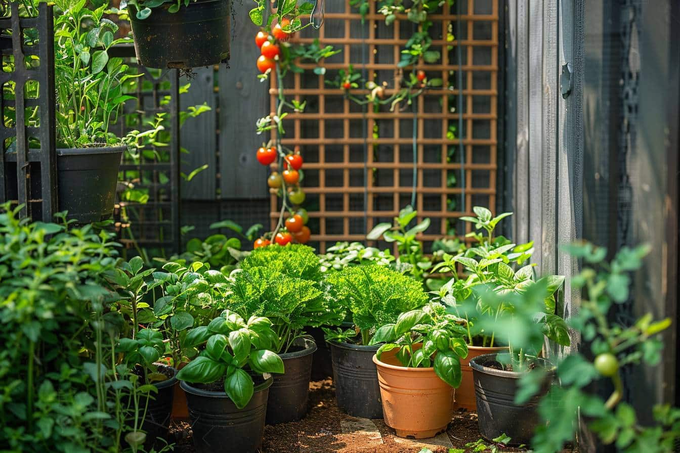 petit potager dans un espace limité avec légumes variés  
espace restreint aménagé pour cultiver des légumes frais