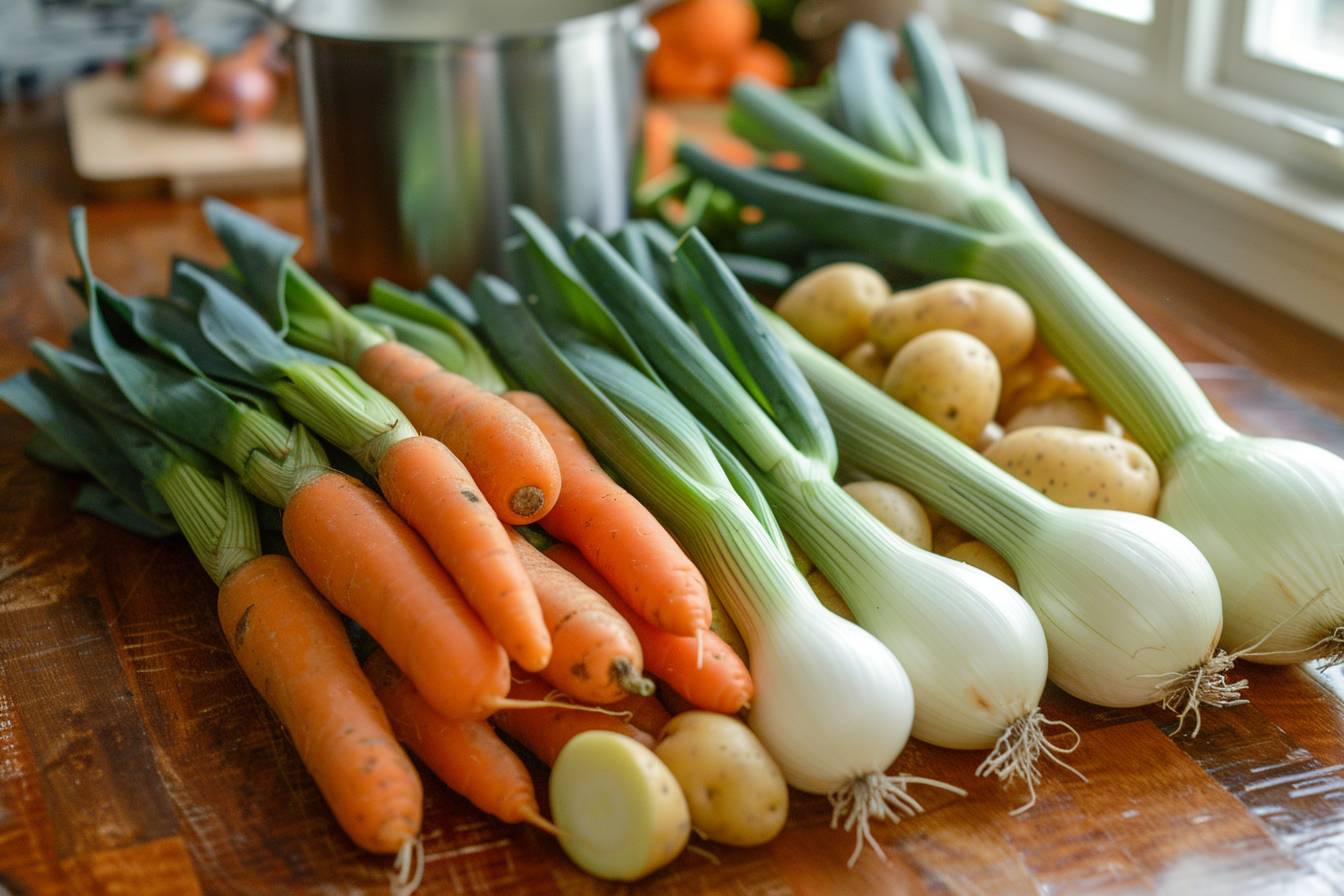Potage de légumes frais du jardin dans un bol  
Delicieux mélange de légumes du jardin en potage