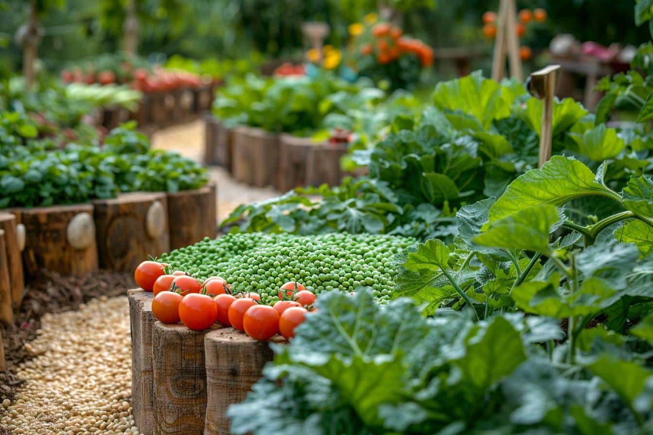 Potager coloré avec légumes et fleurs harmonieuses  
Jardin soigné mêlant plantes comestibles et décoratives