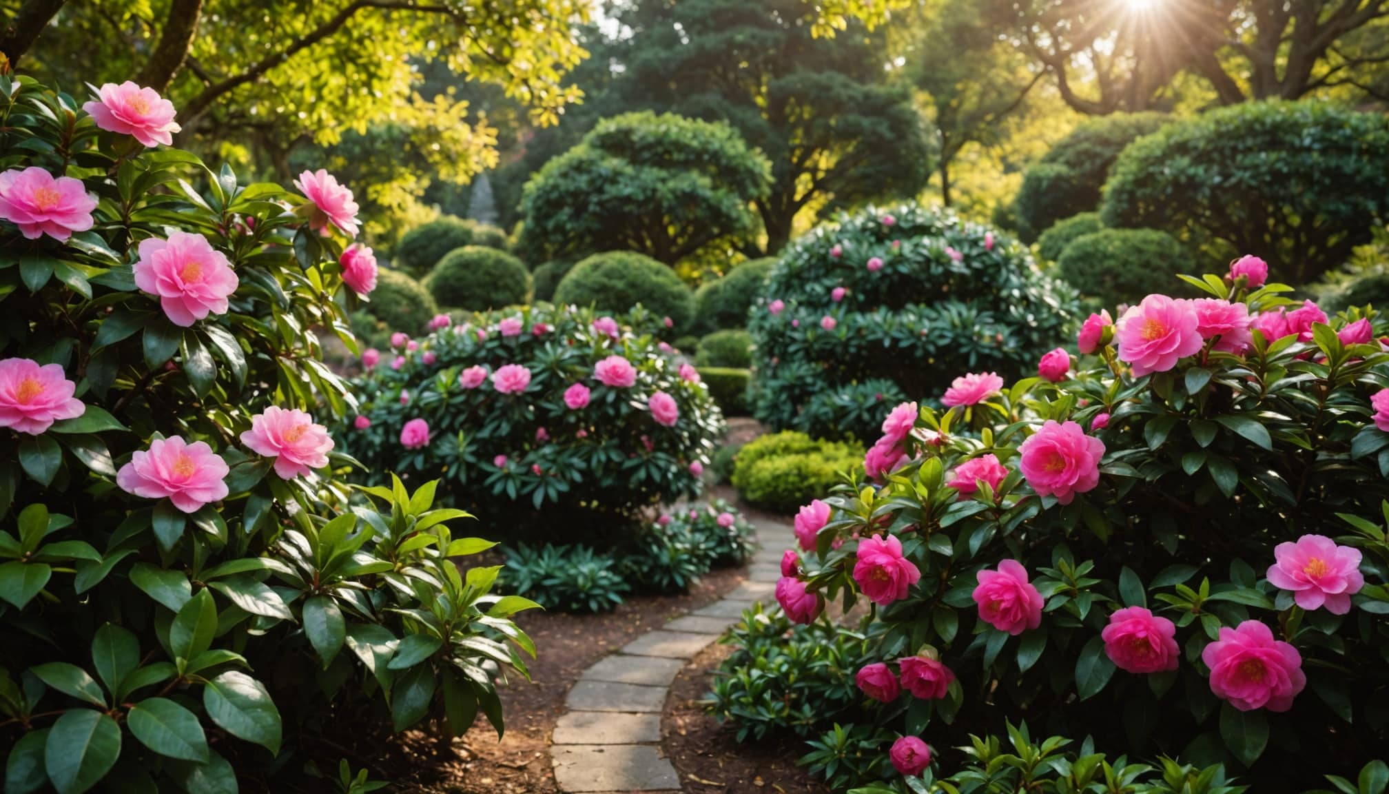 Un camélia en fleurs dans un jardin bien entretenu  
Un jardin fleuri avec un camélia majestueux en pleine floraison