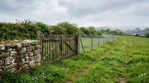 Portail en bois ouvert dans champ verdoyant avec muret en pierre